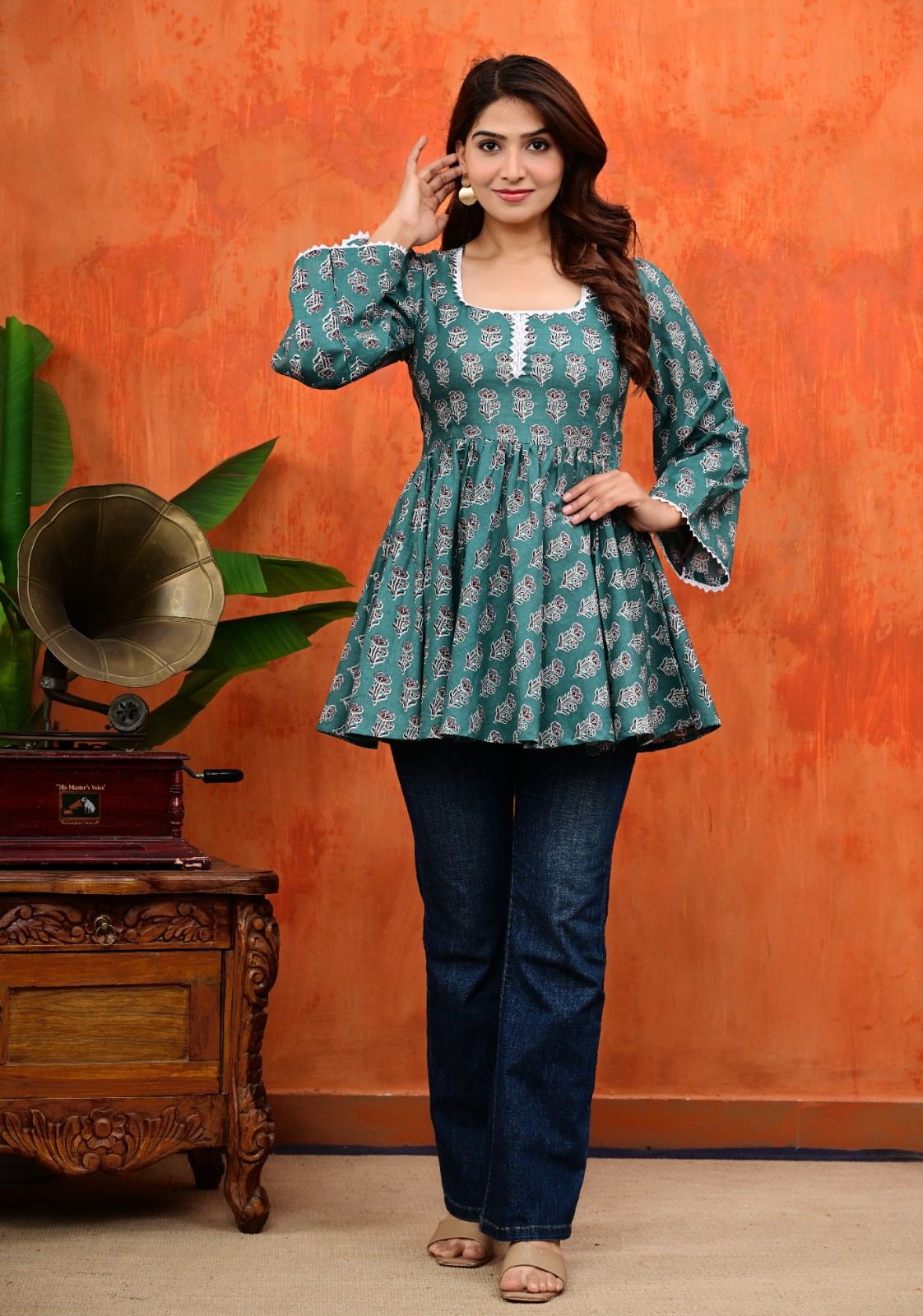 Women Teal Green Floral Printed Peplum Top