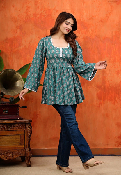 Women Teal Green Floral Printed Peplum Top