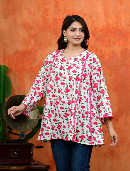 Pink Floral Umbrella Cut Cotton Top