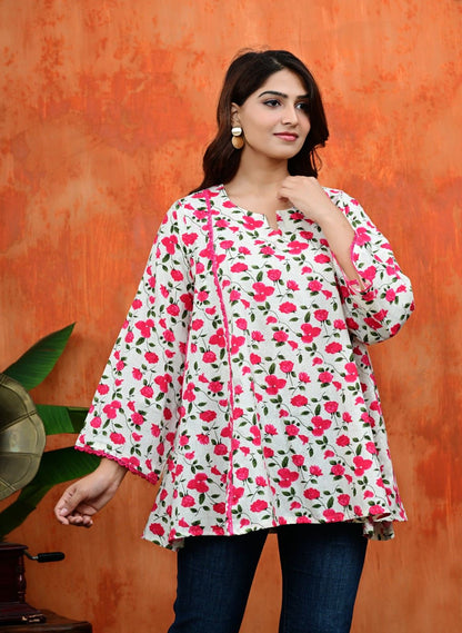 Pink Floral Umbrella Cut Cotton Top
