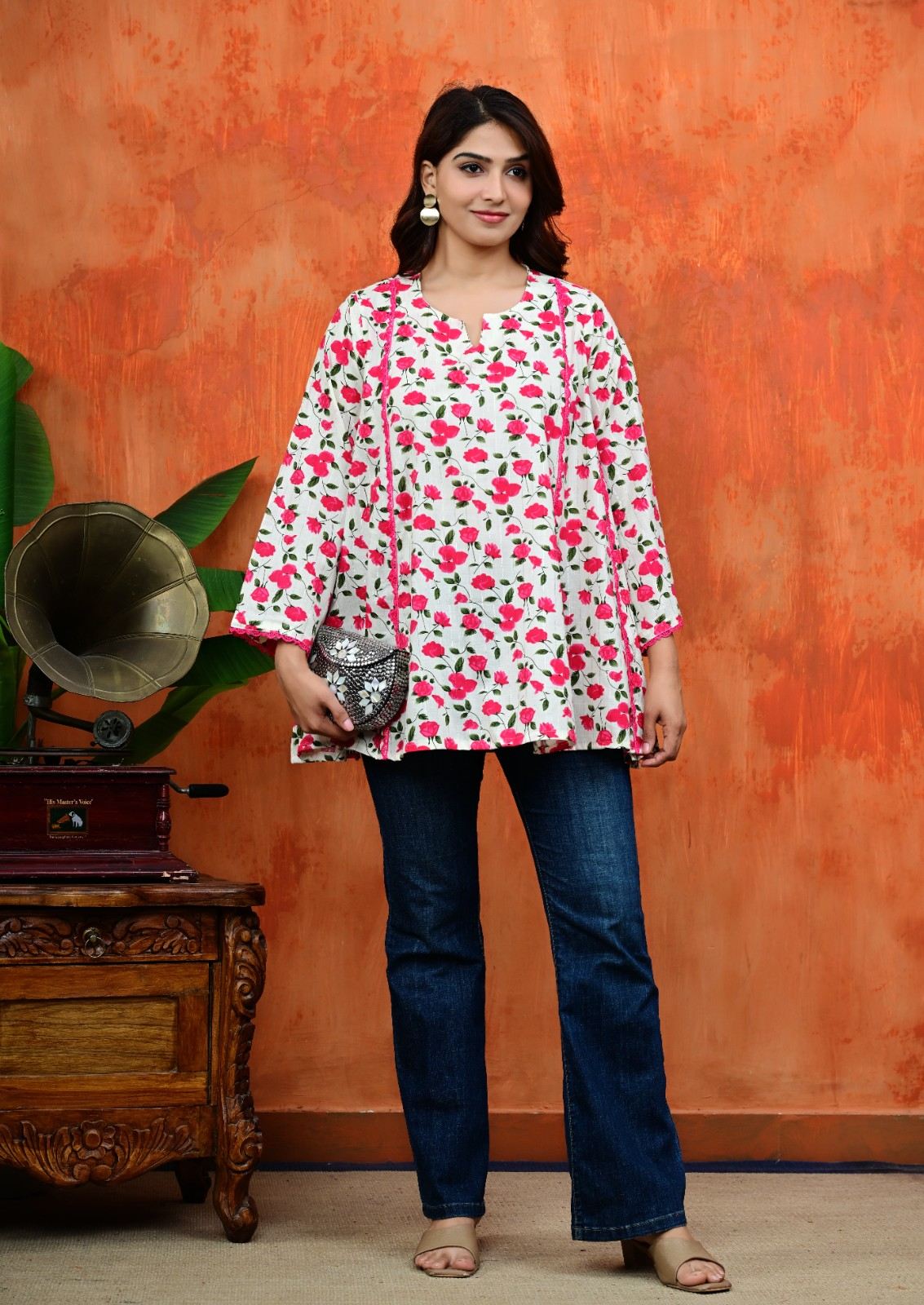 Pink Floral Umbrella Cut Cotton Top