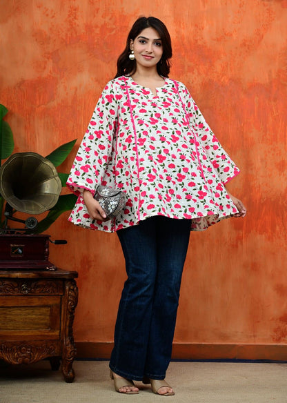 Pink Floral Umbrella Cut Cotton Top