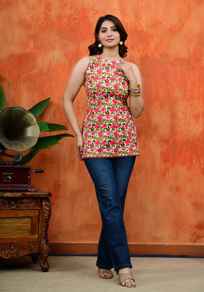 Women's Sleeveless Floral Cotton Tunic Top
