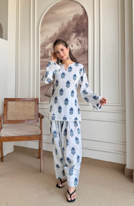 IVORY BLUE BUTA FARSHI SET