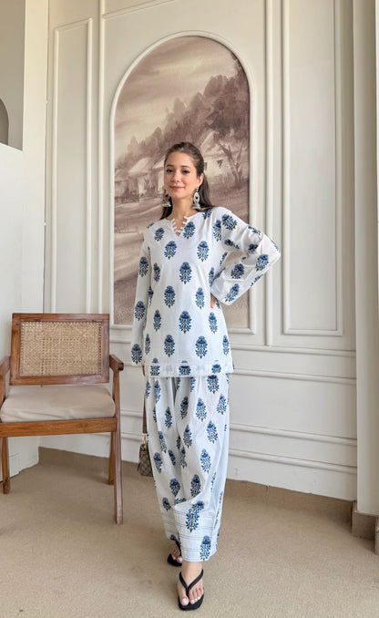 IVORY BLUE BUTA FARSHI SET