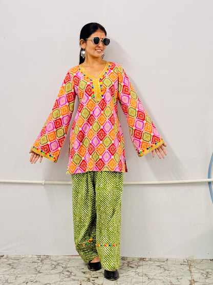 Multicolor Printed Kurti with Green Farshi Salwar