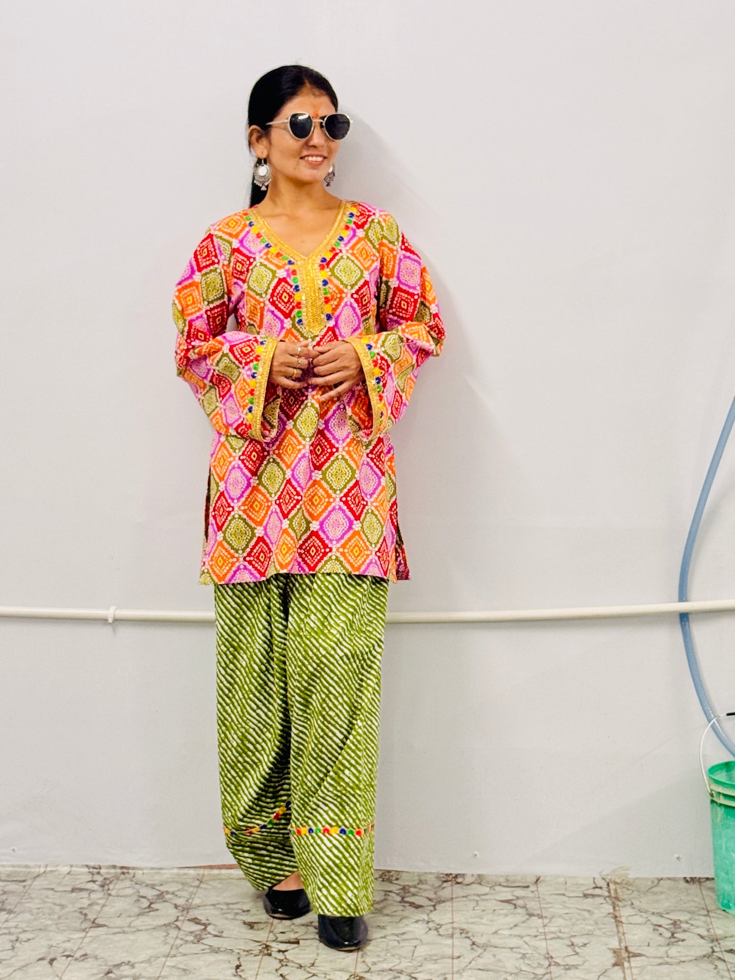 Multicolor Printed Kurti with Green Farshi Salwar