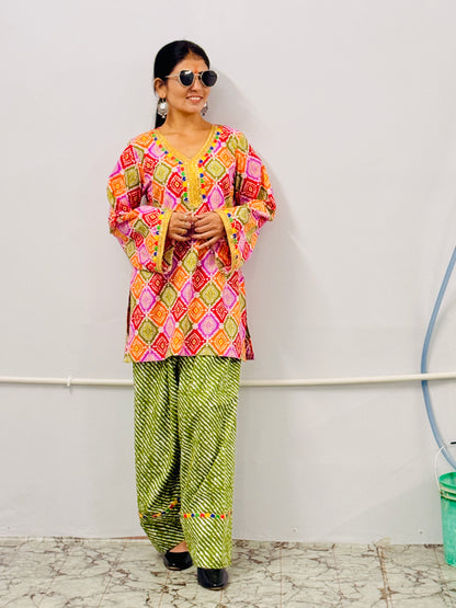Multicolor Printed Kurti with Green Farshi Salwar