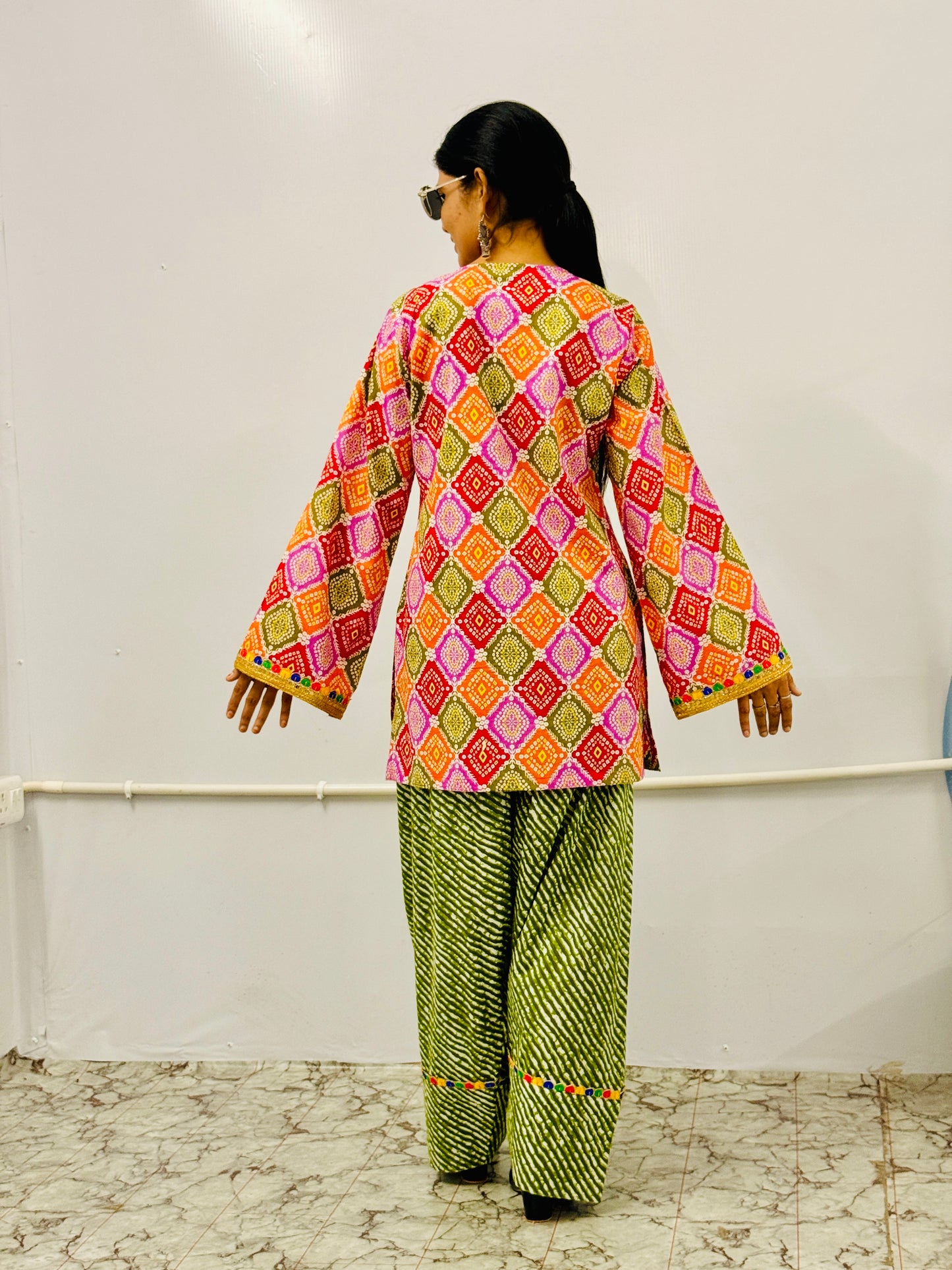 Multicolor Printed Kurti with Green Farshi Salwar