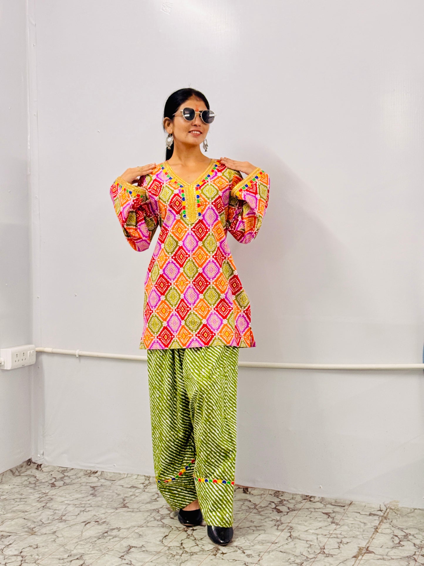 Multicolor Printed Kurti with Green Farshi Salwar