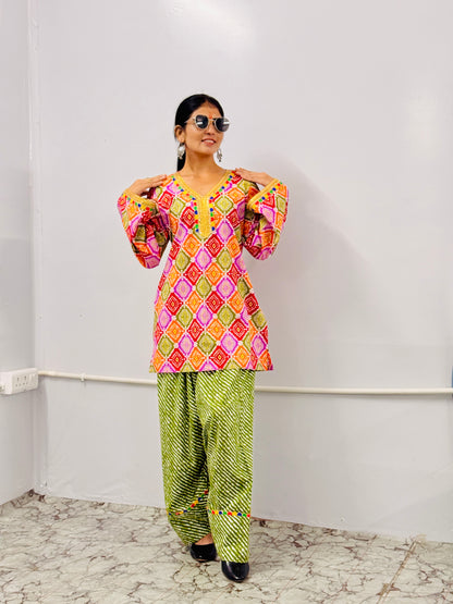 Multicolor Printed Kurti with Green Farshi Salwar