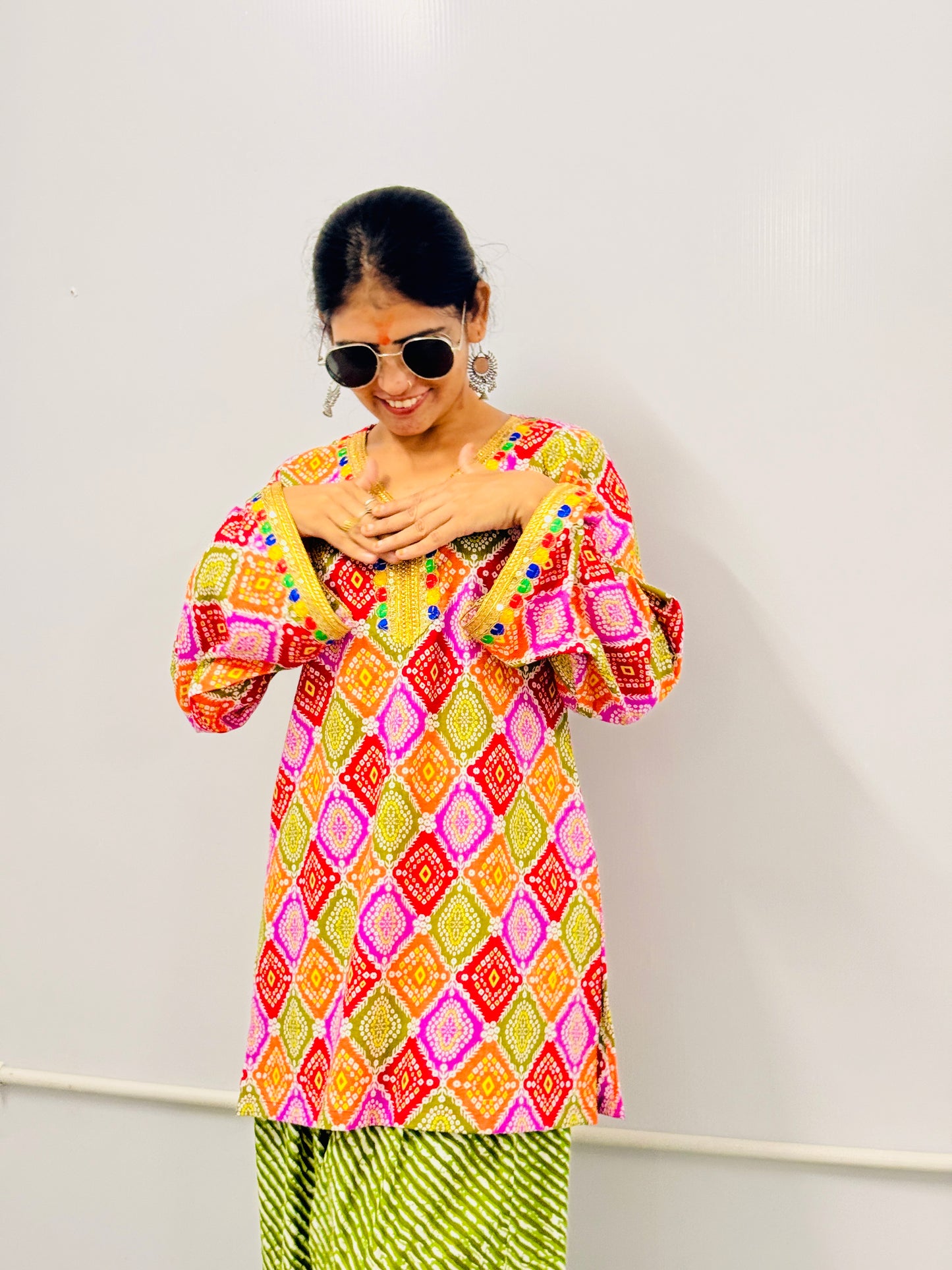 Multicolor Printed Kurti with Green Farshi Salwar