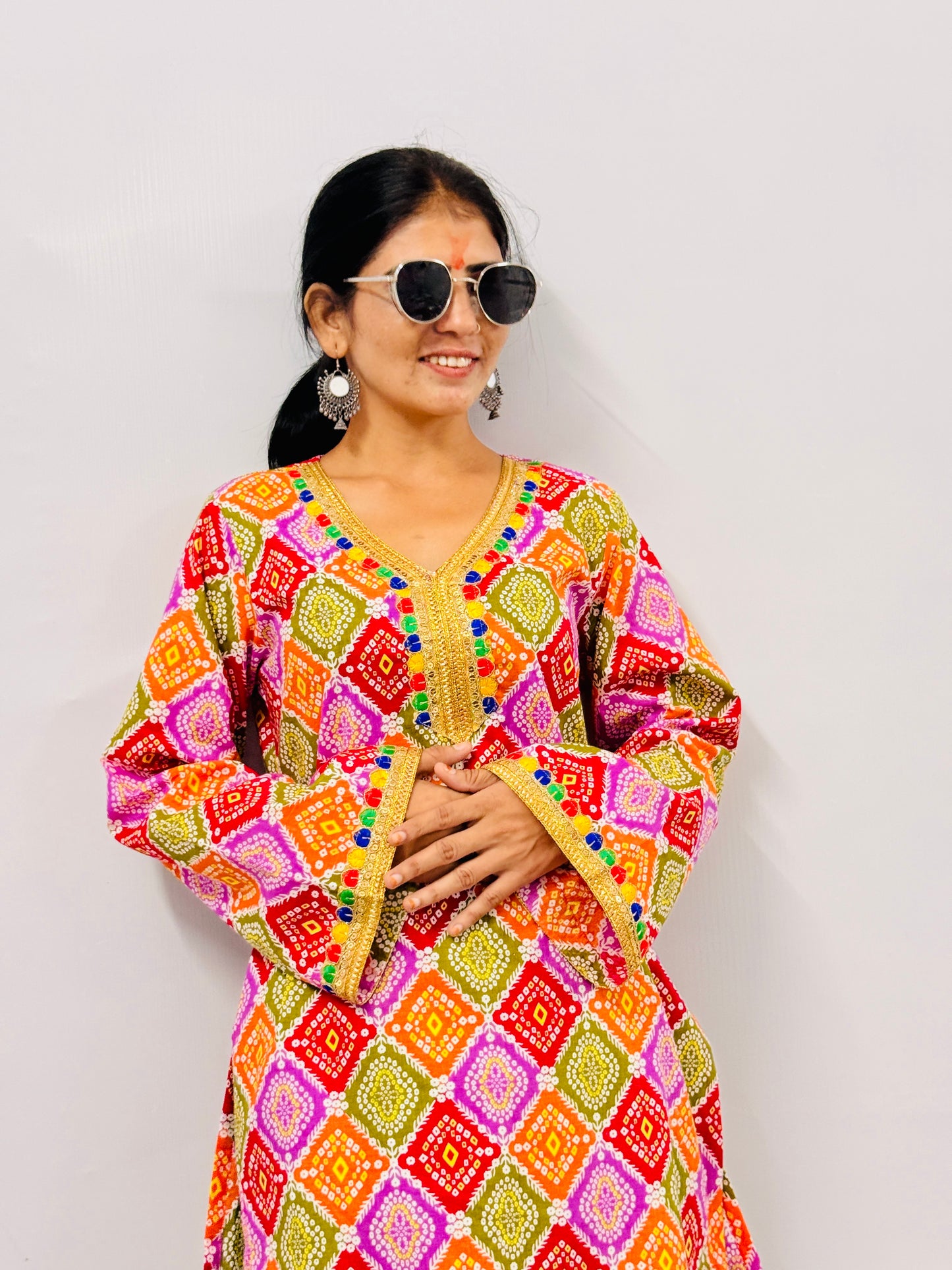 Multicolor Printed Kurti with Green Farshi Salwar