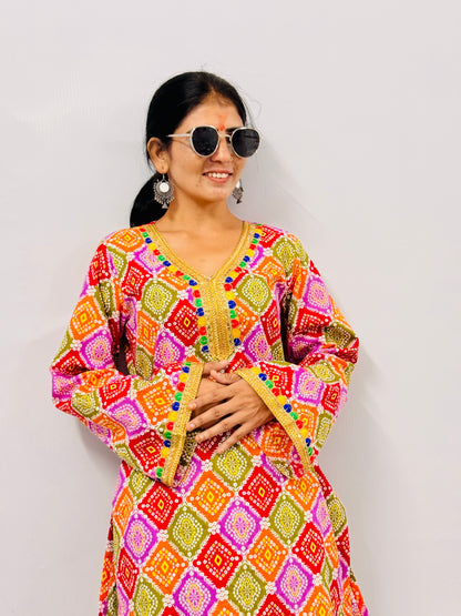 Multicolor Printed Kurti with Green Farshi Salwar