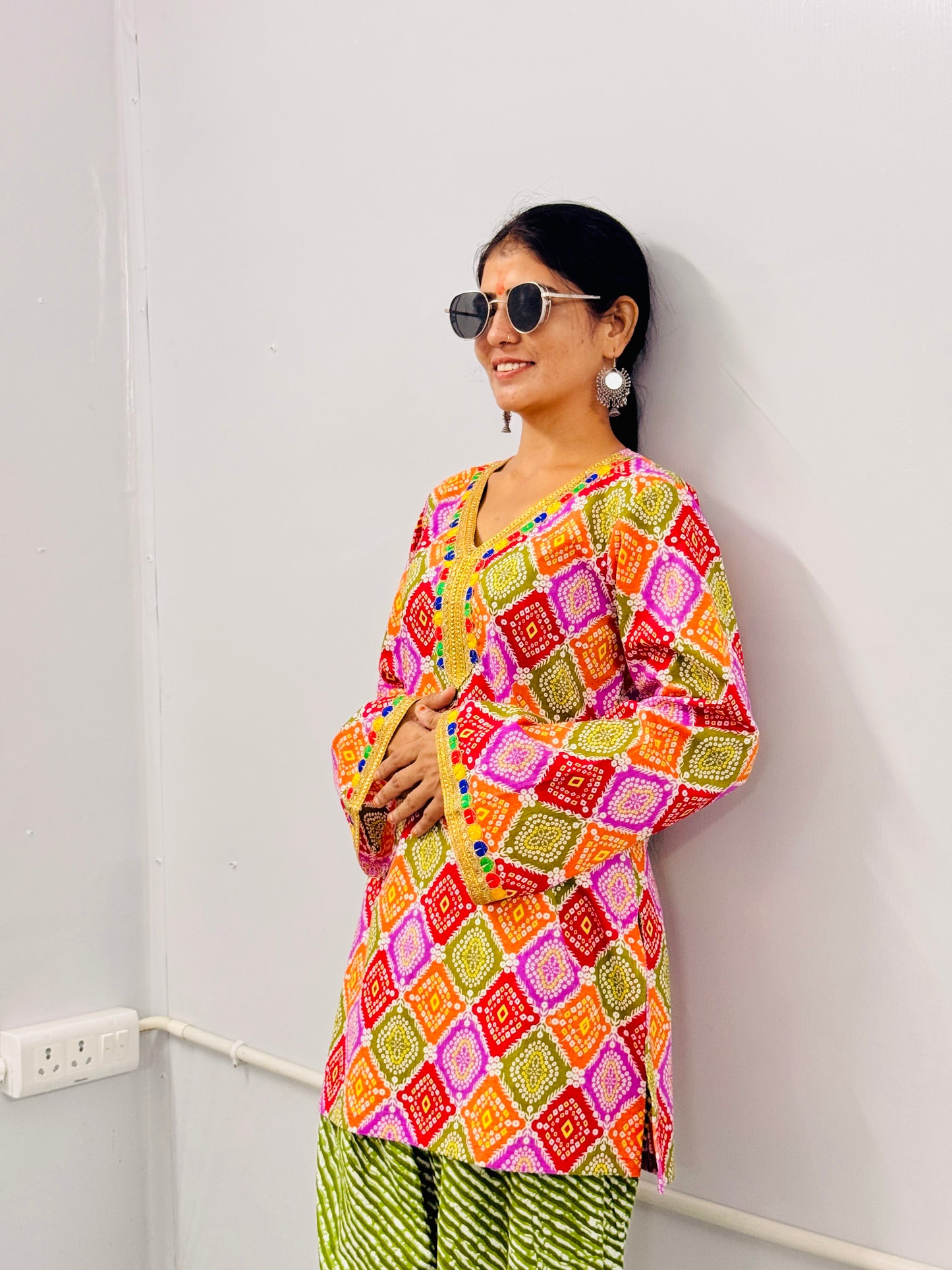 Multicolor Printed Kurti with Green Farshi Salwar