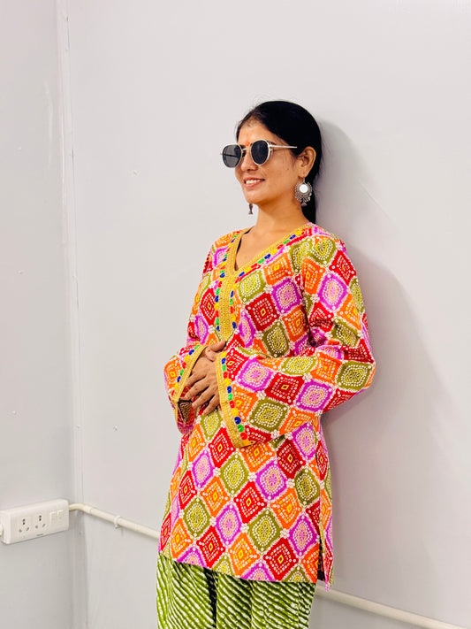 Multicolor Printed Kurti with Green Farshi Salwar