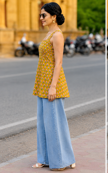 Marigold Bloom Printed A-Line Kurti